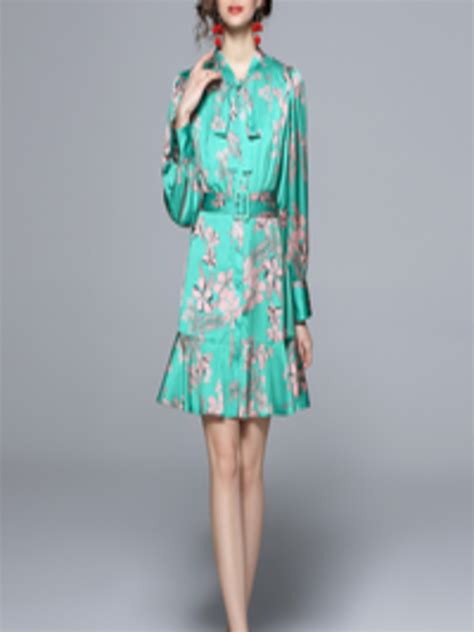 Buy Jc Collection Women Green Floral Printed Tie Up Neck Mini Dress