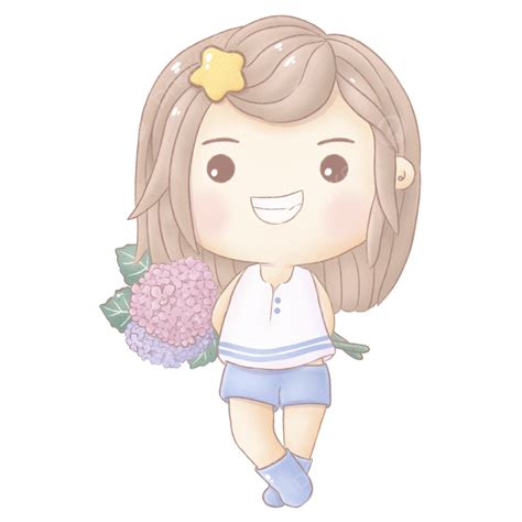 Long Hair Girl With Hydrangeas Hydrangea Girl Cartoon Png