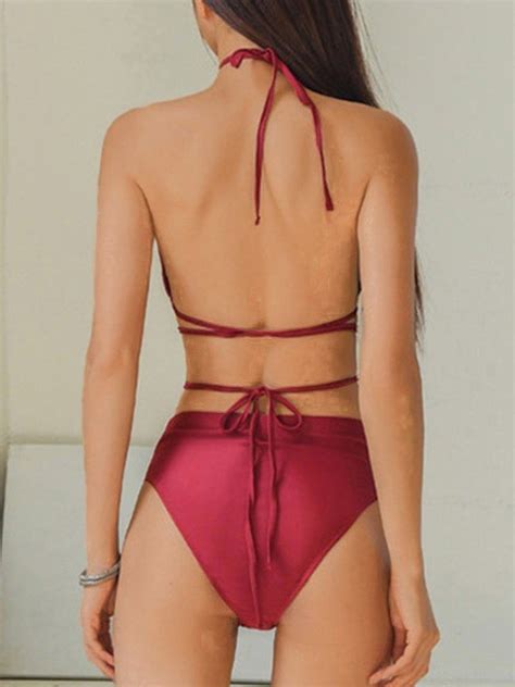 Emmiol Free Shipping 2024 Wrap Over Tie Strap Bikini Set Burgundy M In