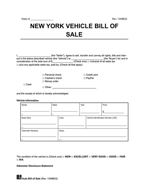 Free New York Motor Vehicle Bill Of Sale Form Pdf And Word