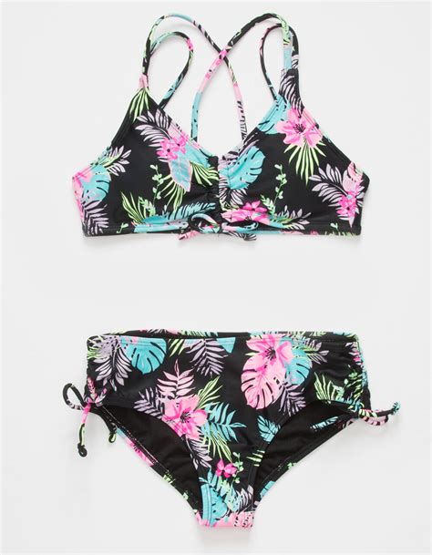 FULL TILT Cinched Girls Black Combo Bikini Set BLACK COMBO Tillys