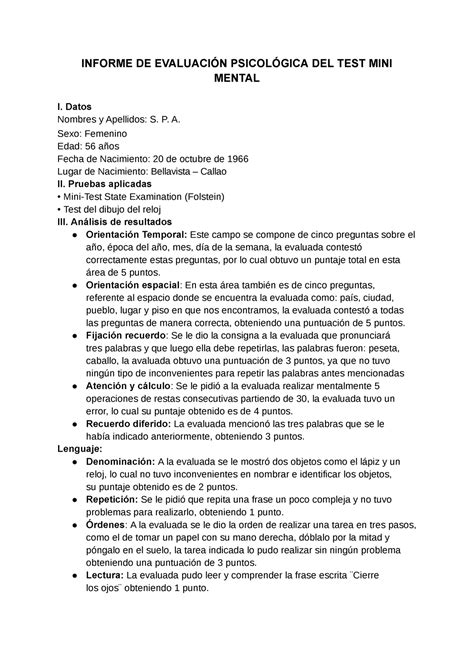 Informe DE Evaluación Psicológica DEL TEST MINI Mental Y TEST DEL Reloj