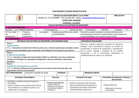 360203682 Plan Semanal Estudios Sociales Octavo PLAN SEMANAL ESTUDIOS