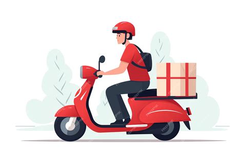 Delivery Man Riding Red Scooter With Box Flat Cartoon Illustration On