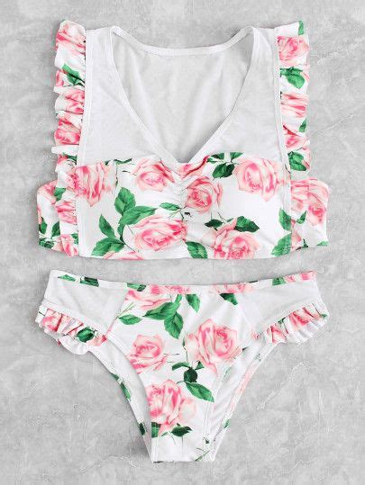 Flower Print Ruffle Bikini Set Shein Sheinside Bikinis Ruffled