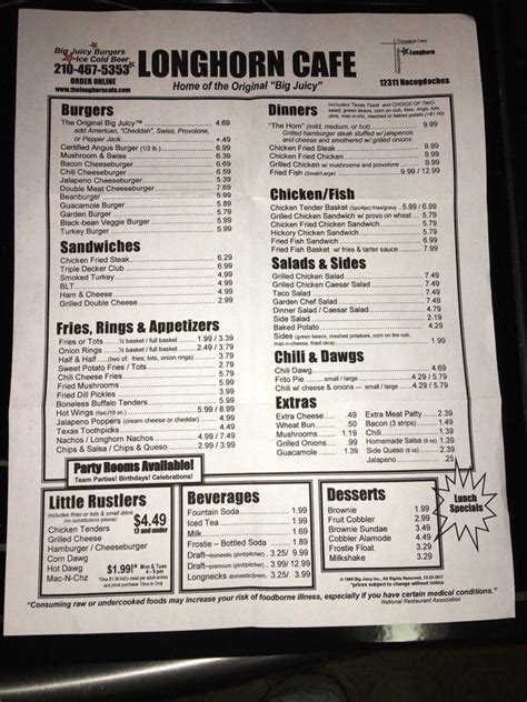 Menu At The Longhorn Cafe San Antonio Nacogdoches Rd