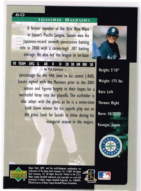 Yahooオークション 2001 Mlb Upper Deck Mvp 60 Ichiro Suzuki Rc