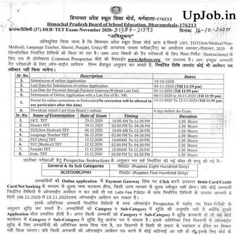 Hpbose Org Hp Tet Exam Notification Application Form Dates November