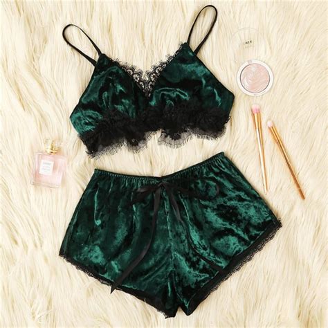 Women Lace Trim Velvet Lingerie Set Sexy Sleepwear TD Mercado