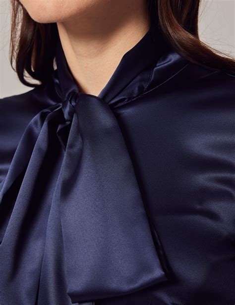 Women S Navy Fitted Luxury Satin Blouse Pussy Bow Hawes Curtis