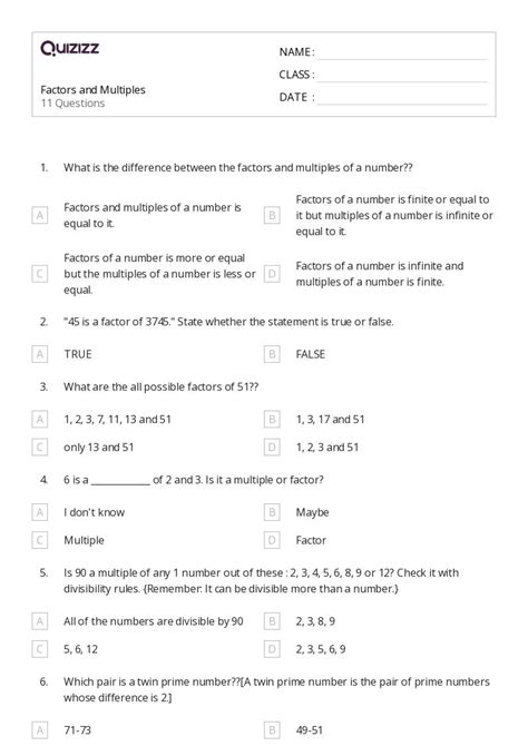 50 Factors And Multiples Worksheets For 5th Class On Quizizz Free