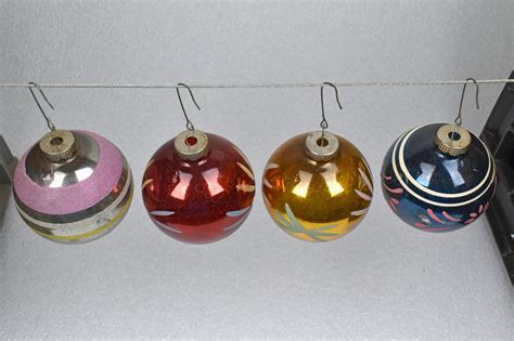 Vtg Four Shiny Brite Mercury Glass Christmas Ornaments Flowers Stripes