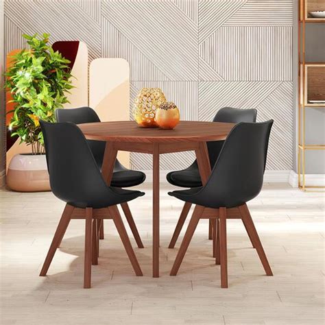 Conjunto Mesa De Jantar Redonda Vértice 105cm Nozes 4 Cadeiras Leda