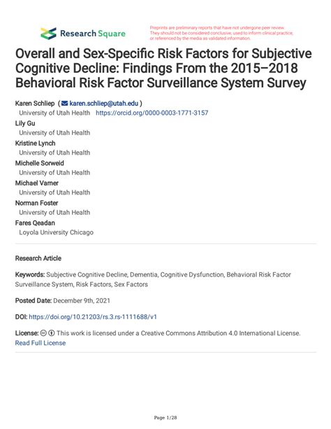 Pdf Overall And Sex Specific Risk Factors For Subjective Cognitive