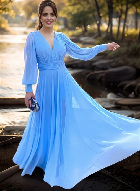 A Line Princess V Neck Floor Length Chiffon Pleated Mother Of The Bride