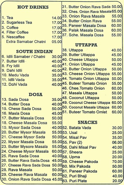 Menu Of Hotel Laxmi Pure Veg Hotel Laxmi Pure Veg Menu Vikhroli