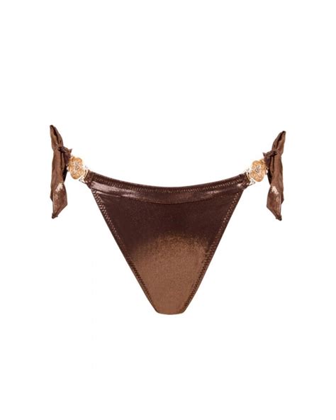 SHINY BROWN Side Tie Brazil Mid Rise Bikini Bottom With Crystal Chains