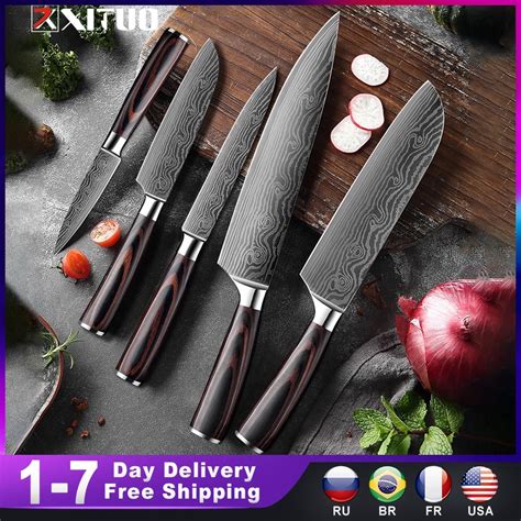 XITUO 1 5PCS Set Chef Knife Japanese Stainless Steel Sanding Laser