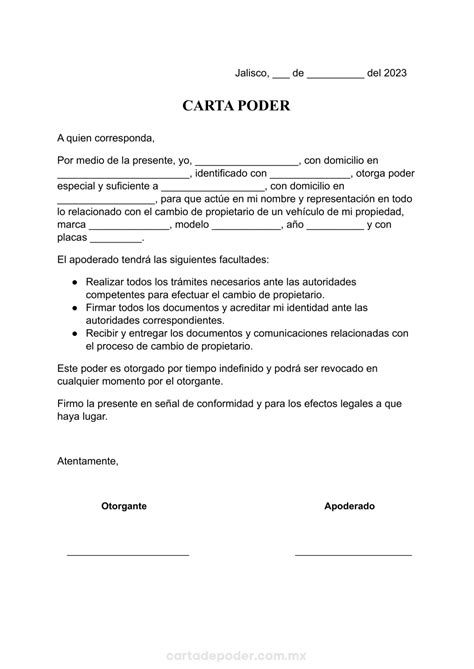 Carta Poder Para Cambio De Propietario Vehicular En Jalisco