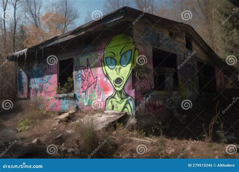 Alien Street Artist Spray-painting Unique Graffiti Design on Abandoned ...