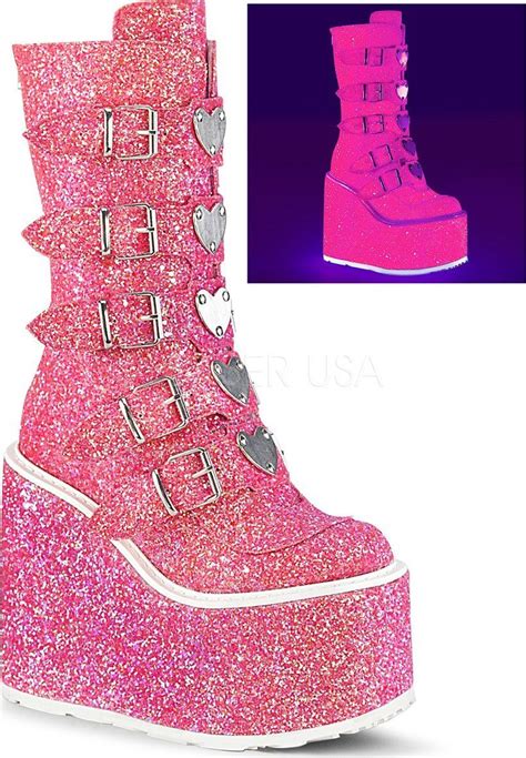 Demonia Shoes Swing 230g Pink Glitter Platform Boots Boots Gothic