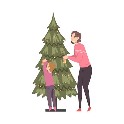 Madre e hijo decorando el árbol de Navidad Familia preparándose para la