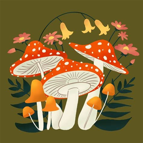 An Illustration Of Mushrooms And Birds On A Green Background