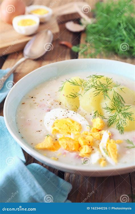 Traditional Polish Soup Zurek Sour Soup With Sausage Potatoes And