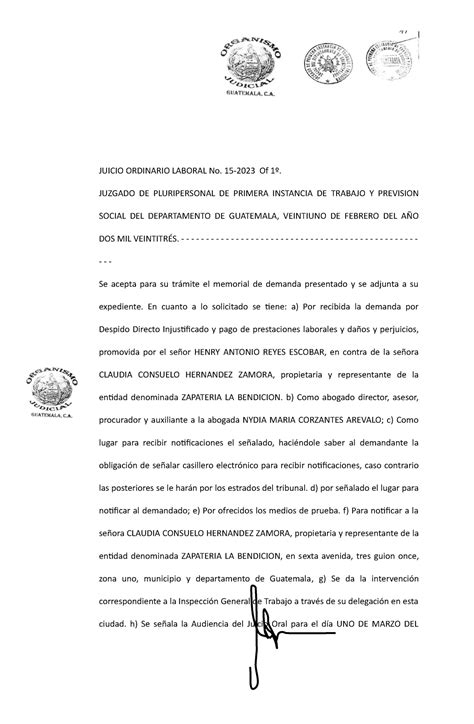 Resolucion Juicio Laboral JUICIO ORDINARIO LABORAL No 15 2023 Of 1º