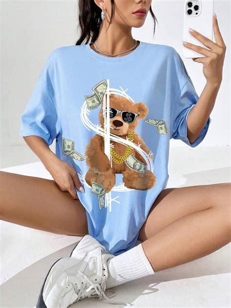 SHEIN EZwear Camiseta amplia con estampado de oso de hombros caídos