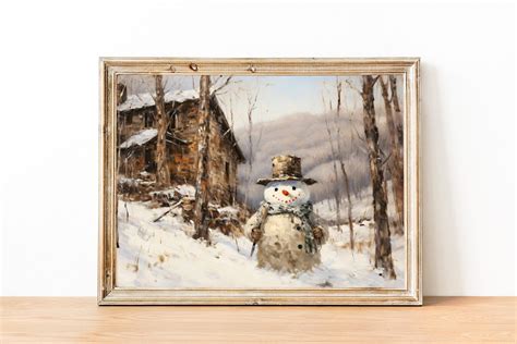 Snowman Print, Winter Landscape Painting, Vintage Snowman Po - Inspire Uplift