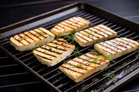 Filete De Tofu A La Parrilla Con Marcas De Parrilla En Una Bandeja De