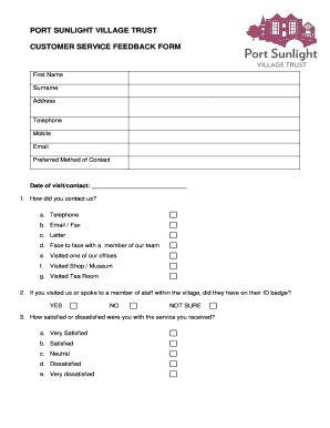 Fillable Online Customer Service Feedback Form Port Sunlight Village