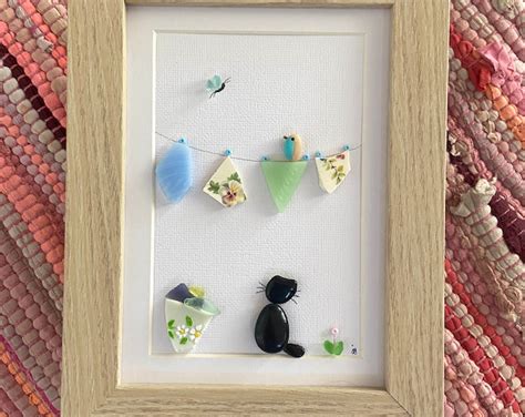 Black Cat And Sea Glass Flowers Sea Glass And Pebble Art Etsy