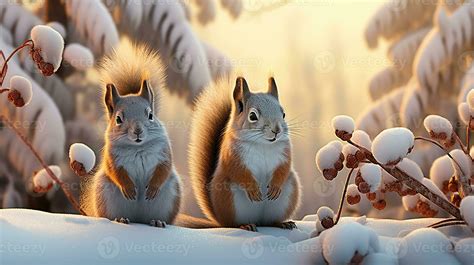 Fluffy Squirrels In A Fabulous Winter Forest Winter Wonderland