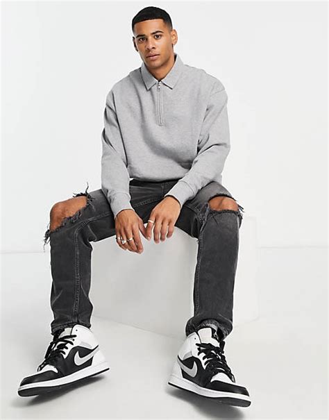 Asos Design Oversized Half Zip Sweatshirt With Collar Neck In Grey