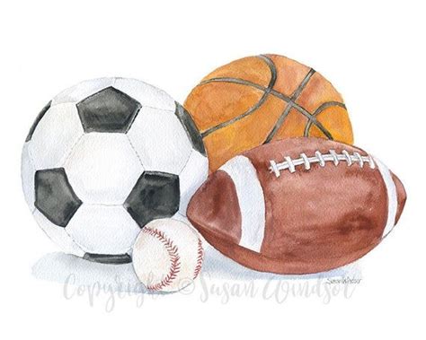 Sports Balls Watercolor Painting Giclee Print Soccer Ball Baseball