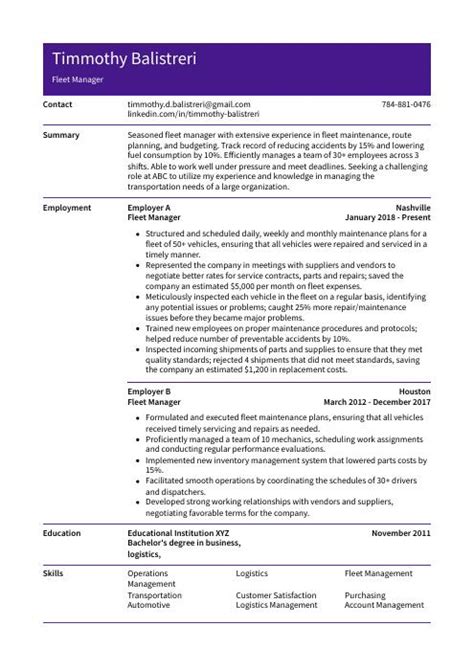 Fleet Manager Resume Cv Example And Writing Guide