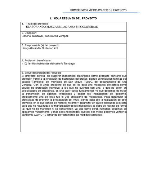 Formato De Informe De Avance Del Proyecto PRIMER INFORME DE AVANCE DE