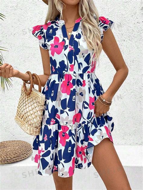 Shein Lune Women S Summer Vacation Casual Flower Printed Notched Neck