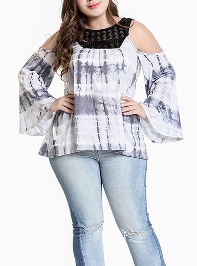 Plus Size Tie Dye Style Batwing Sleeve Blouse Lace Neckline White