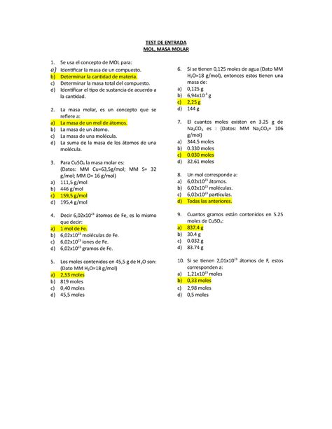 TEST MOL MASA Molar Forma A TEST DE ENTRADA MOL MASA MOLAR 1 Se