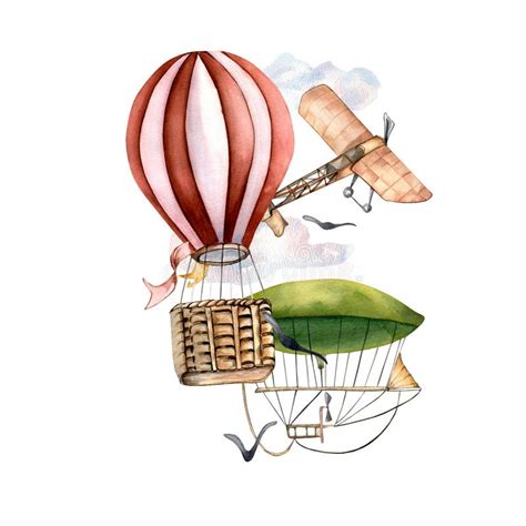Composition Of Vintage Hot Air Balloon Watercolor Illustration Isolated Stock Illustration