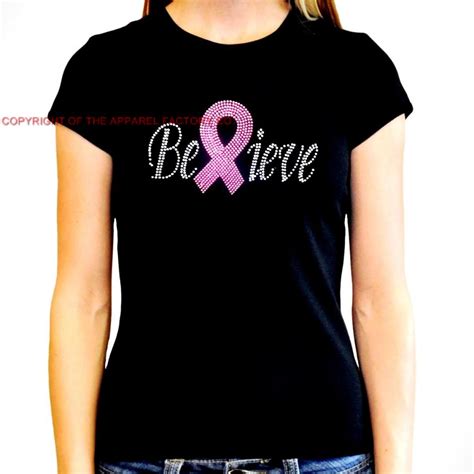 Rhinestone Believe Breast Cancer T Shirt Ribbon Awareness Small To 3xl