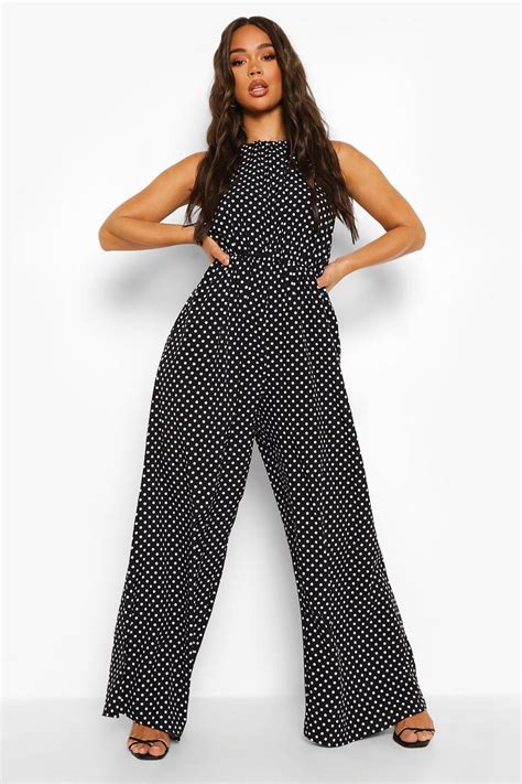 Polka Dot Halterneck Wide Leg Jumpsuit Boohoo