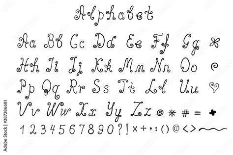 English alphabet with handwritten letters, numbers and symbols. Manual ...