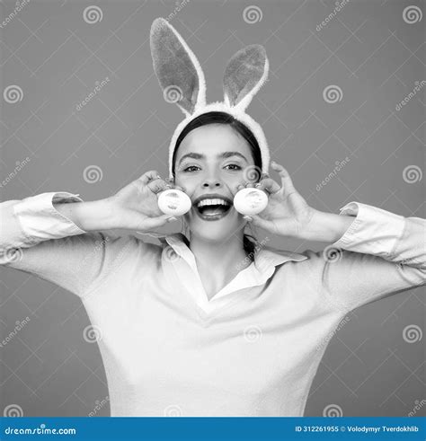 Bunny Rabbit Girl With Easter Egg Woman In Rabbit Ears Egg Hunt