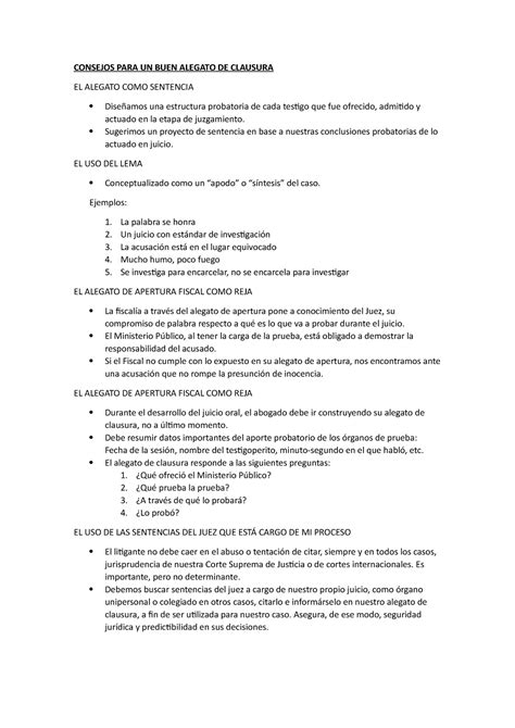 Consejos PARA UN BUEN Alegato DE Clausura CONSEJOS PARA UN BUEN