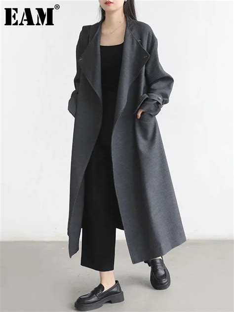 Eam Dark Gray Big Size Casual Trench Women New Lapel Long Sleeve Loose