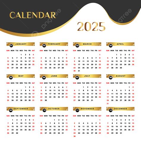 Kalender Tahunan Emas Dan Hitam 2025 Dengan Desain Unik Vektor